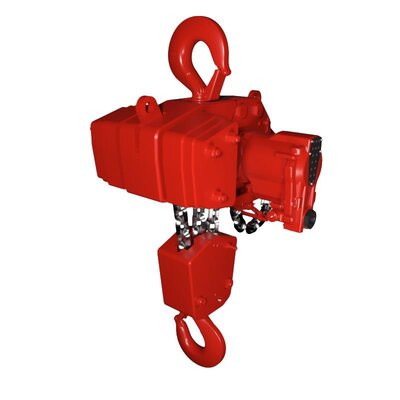 The heavy duty air chain hoist RED ROOSTER TMH with 15 tons capacity.